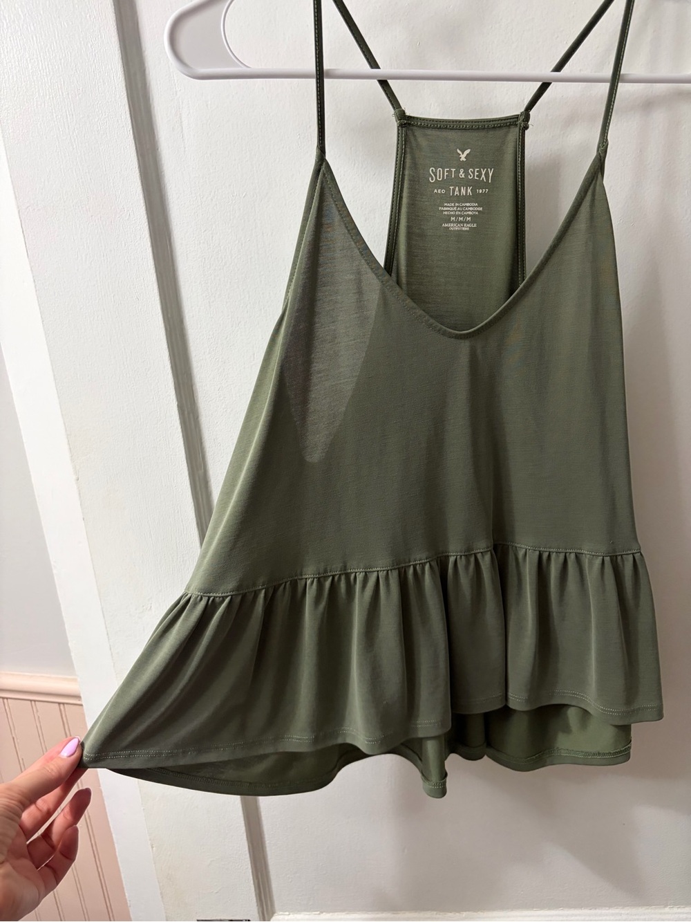 American Eagle Outfitters Olive Green Ruffle-Trim Tank